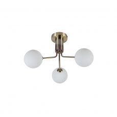 Lando 3 Light Semi Flush Antique Brass with Opal Ball