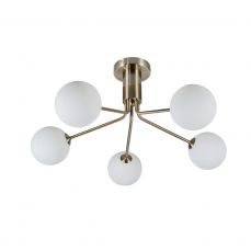 Lando 5 Light Semi Flush Antique Brass with Opal Ball