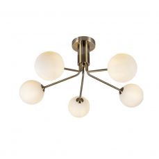 Lando 5 Light Semi Flush Antique Brass with Opal Ball